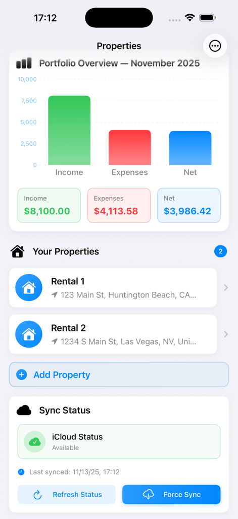 Rent Easy Ledger - Rent Easy Ledger dashboard showing property portfolio overview with income and expense charts and iCloud sync status