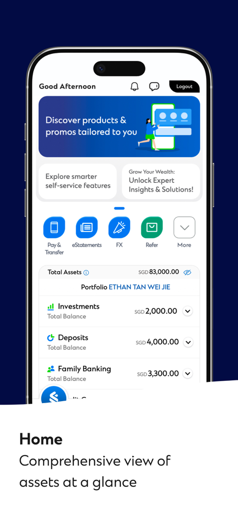 SC Mobile Singapore app home screen displaying a comprehensive portfolio view of total assets including investments and deposits