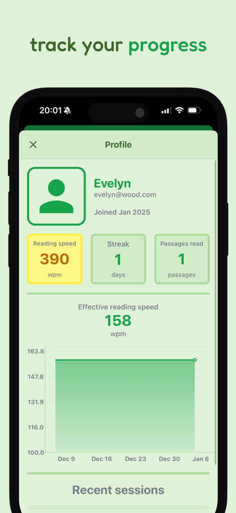 Speed Reading App - TurboRead - Pantalla de perfil de usuario de TurboRead mostrando estadísticas de velocidad de lectura y un gráfico de progreso