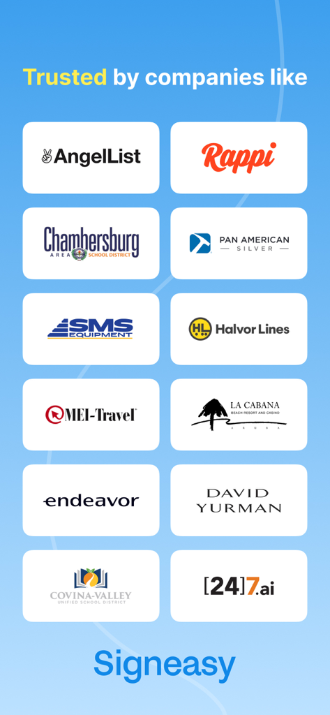 Signeasy－Sign Documents App - Eine Sammlung von Logos von Unternehmen, die Signeasy vertrauen, darunter AngelList Rappi und David Yurman