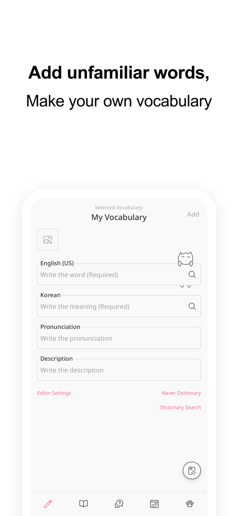 Smartphone screen of VoCat app for adding a new word with translation and pronunciation fields