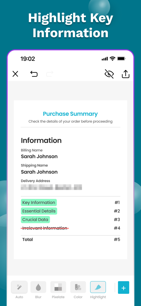 Auto Blur Face: Redact Privacy - The Auto Blur Face app interface showing a purchase summary with a pixelated address and highlighted key text.