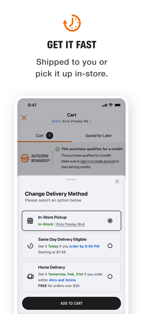 AutoZone Auto Parts & Repair - AutoZone app screen showing delivery method options including in-store pickup same day delivery and home delivery