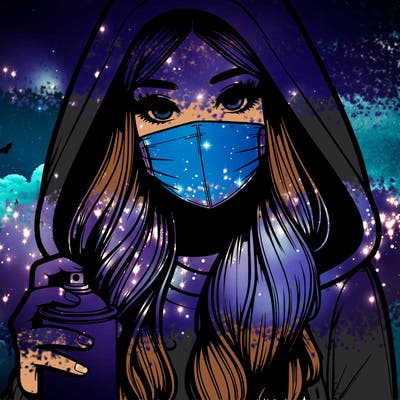 girl wearing a mask with long hair with her hood up spray-painting realistic