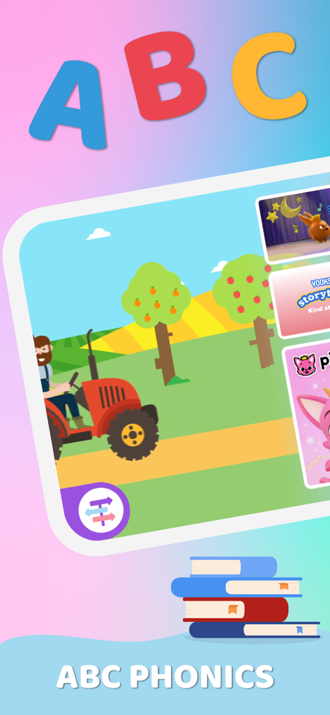 TinyBee App-Oberfläche mit ABC-Phonetik, bunten Buchstaben und einer Cartoon-Traktorszene