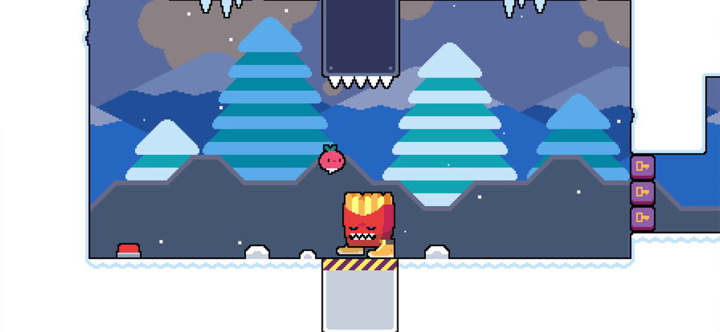 Dadish - Dadish character jumping in a snowy retro platformer level with a french fry enemy