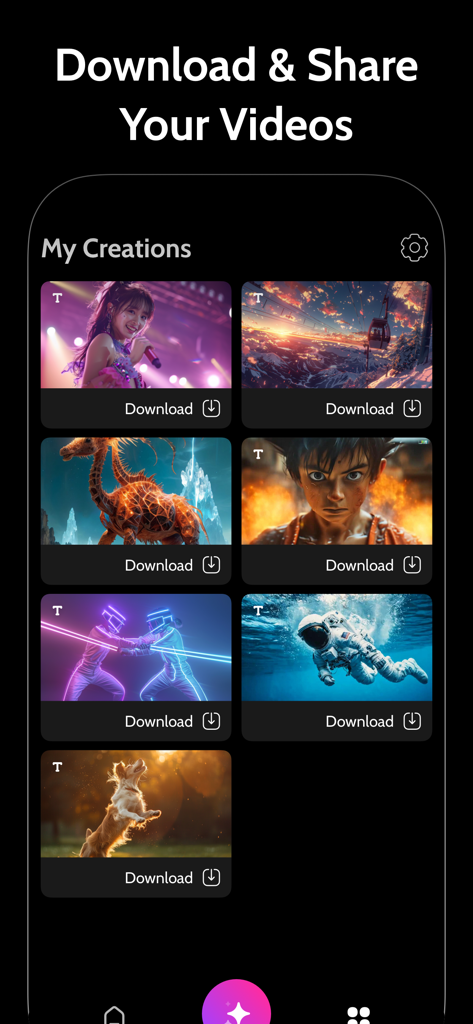 Vigo-AI Video Creator - A gallery of AI generated videos in the Vigo app showing various artistic styles and download options.
