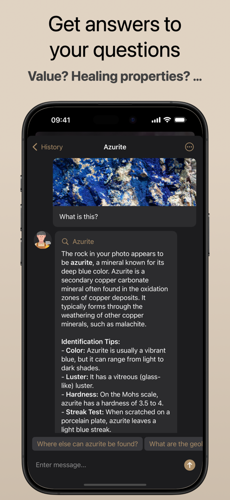Rock Identifier - AI Scanner - Smartphone interface of the Rock Identifier app showing the AI identifying an azurite stone with mineral details.