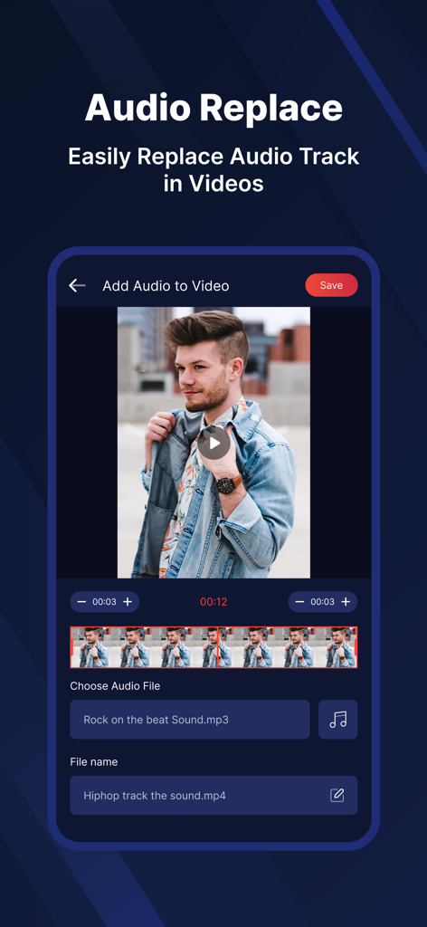 MP3 Converter & MP3 Cutter - Interface of the MP3 Converter app showing the audio replacement tool for videos