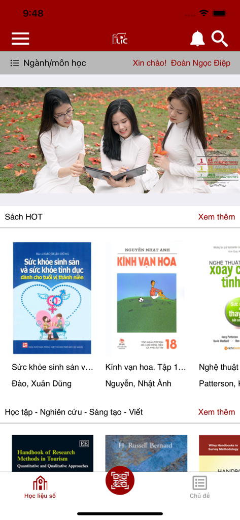 VNU-LIC - Home screen of the VNU LIC digital library app featuring academic books and research materials