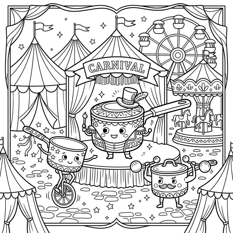 Step right up to a unique coloring experience where your favorite kitchen helpers, the saucepans, take center stage at a bustling carnival! This delightful scene is packed with whimsical details, inviting colorists of all ages to bring this lively kitchen-circus spectacle to life with their creativity.