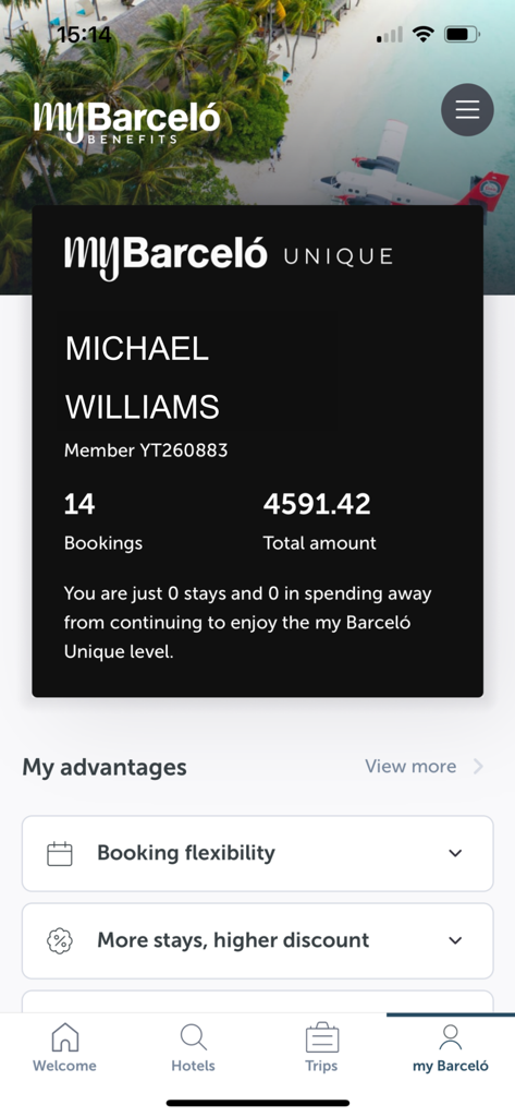 Benutzerprofilbildschirm in der Barcelo Hotel Group App, der den 'my Barcelo Unique'-Treuestatus und die Buchungsvorteile anzeigt