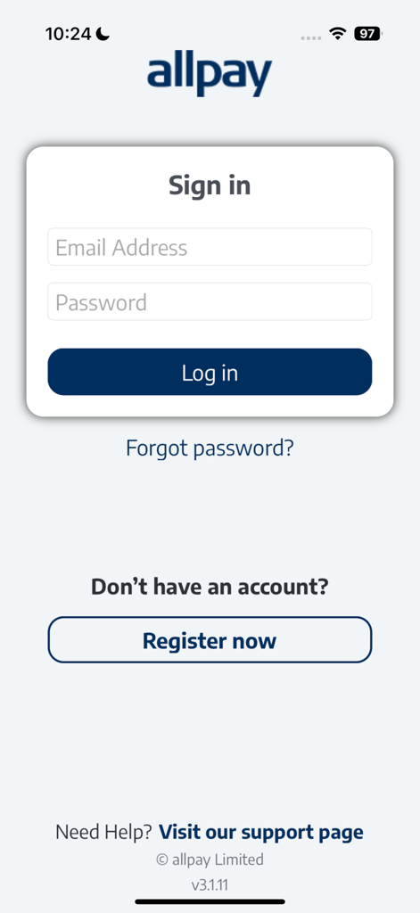 The sign-in interface for the allpay app showing email and password fields, a login button, and a registration option.