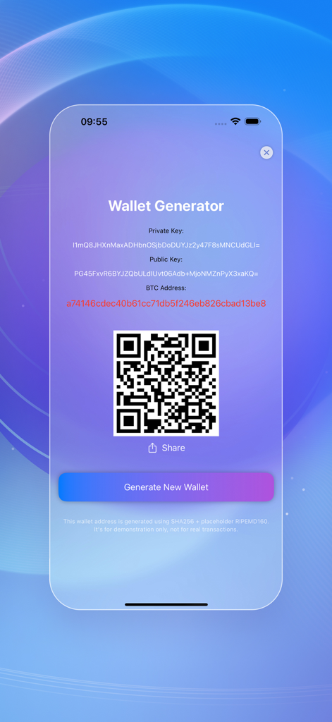 Bitcoin Mining – Crypto Miner - Pantalla de la aplicación Bitcoin Mining mostrando un generador de billetera con dirección BTC y código QR