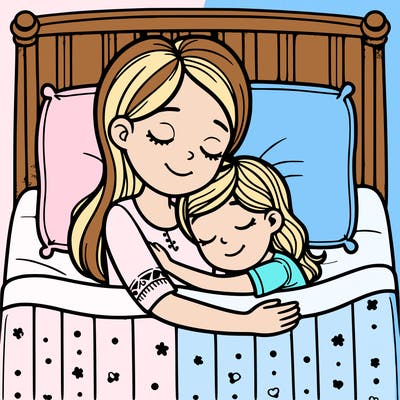 mom and daughter sleeping on a bed hug