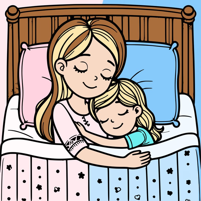 mom and daughter sleeping on a bed hug