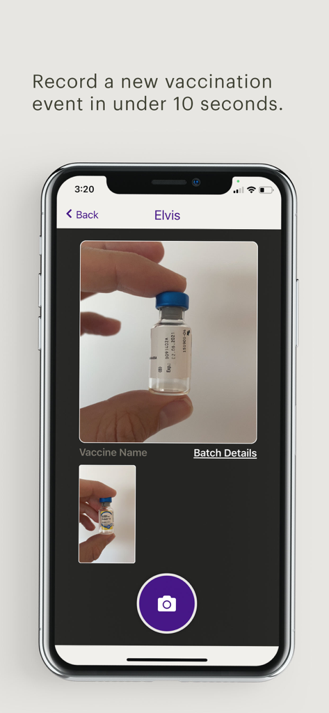 The Vedi app interface showing how to record a vaccination event by taking a photo of the vaccine vial.