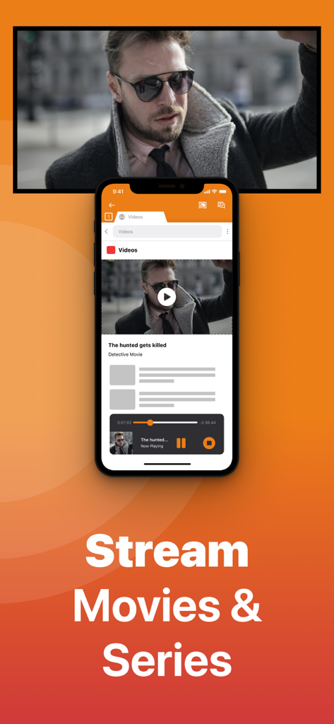 Ein iPhone-Bildschirm, der einen Film auf einen Amazon Fire TV mit dem Text Stream Movies and Series streamt