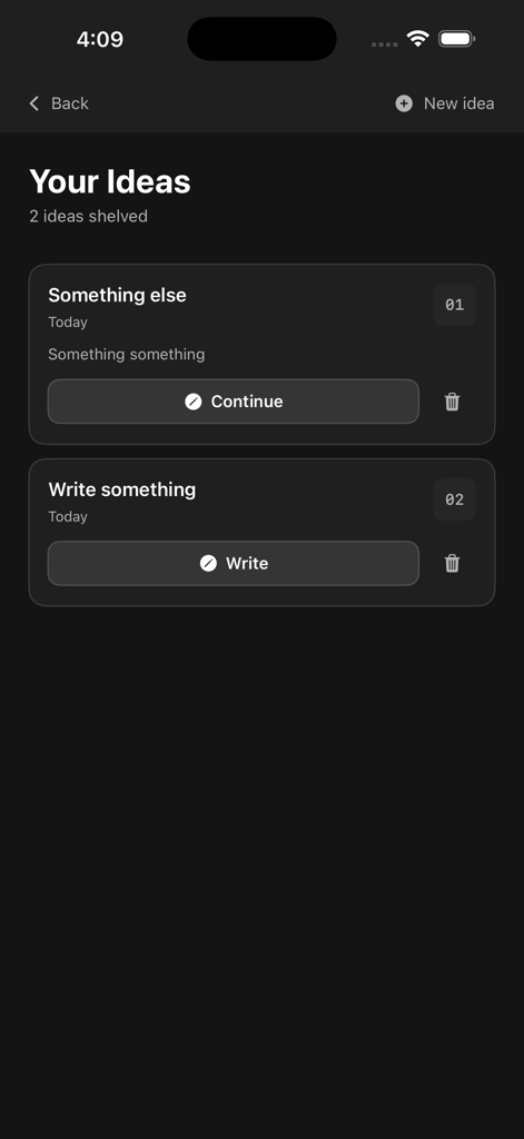 The Your Ideas screen in scribble.io showing two shelved notes with options to continue or write.