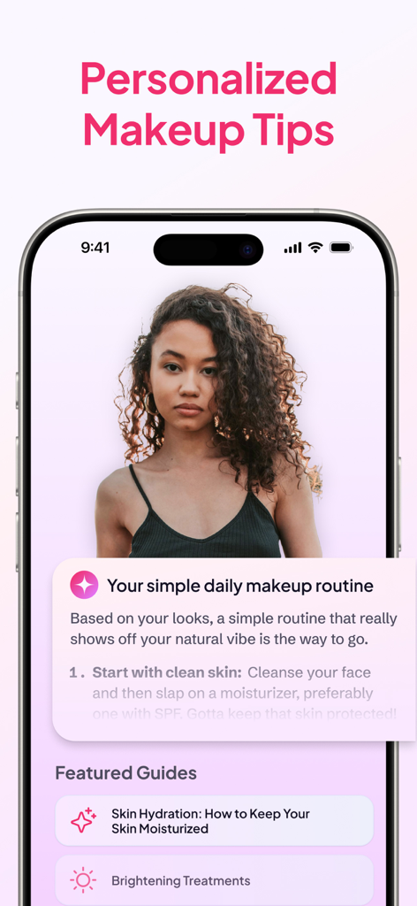 A smartphone showing personalized makeup tips and a daily beauty routine guide on the GlowX app interface