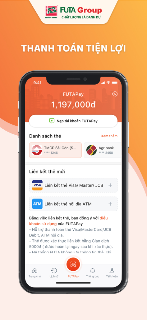 FUTA app digital wallet interface showing FUTAPay balance and options to link Visa and local bank cards.