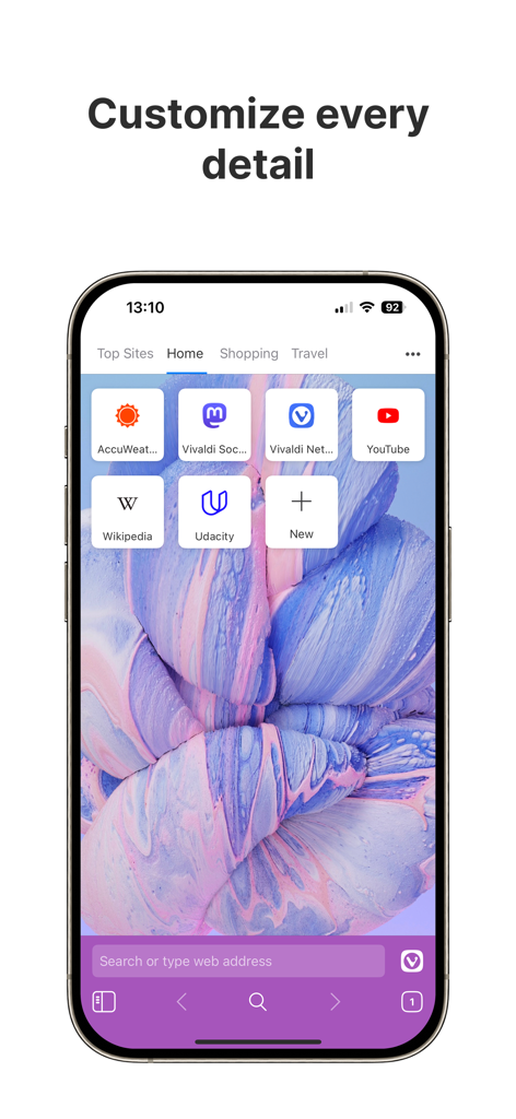 Vivaldi Powerful Web Browser - Vivaldi web browser interface on iPhone showing a custom wallpaper and purple theme