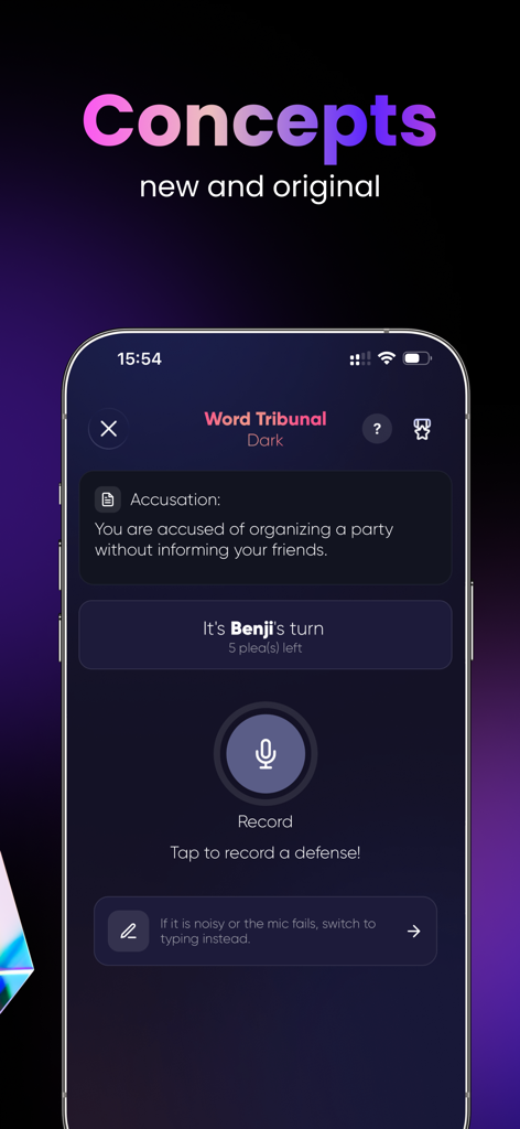 Sombre soirée - Party Games - Word Tribunal game mode in Sombre Soiree app showing an accusation and a recording button for a player's defense
