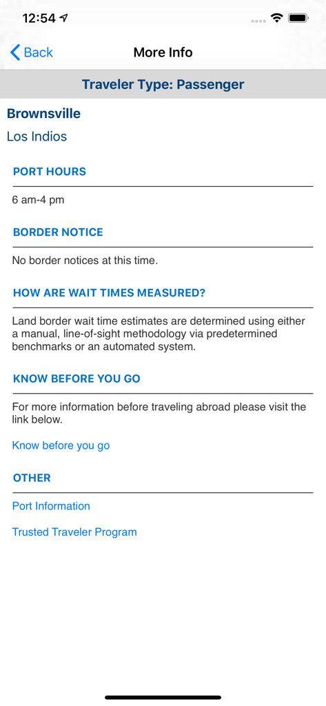 Tela de informações detalhadas para o porto de Brownsville Los Indios, mostrando horário de funcionamento e avisos de fronteira para viajantes de passageiros