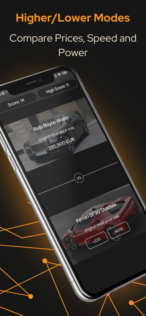 Interface do aplicativo Car Quiz mostrando uma comparação de preços entre um Rolls Royce Wraith e um Ferrari SF90 Stradale