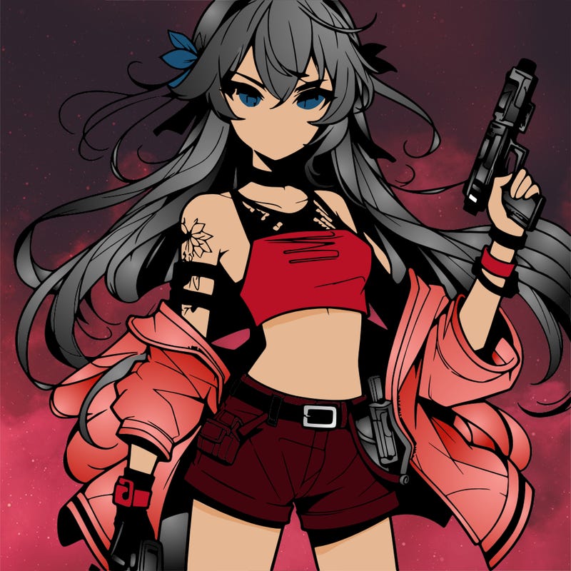 bad girl wearing crop top holding a gun long hair anime