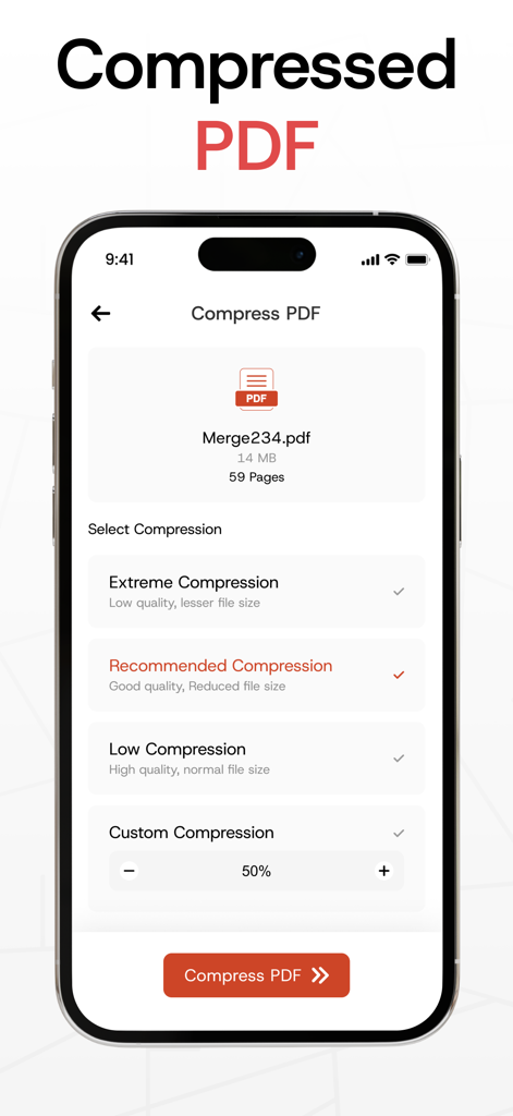 Merge PDF Files－Split PDF Docs - Mobile App-Oberfläche zum Komprimieren von PDF-Dateien mit mehreren Qualitätseinstellungen
