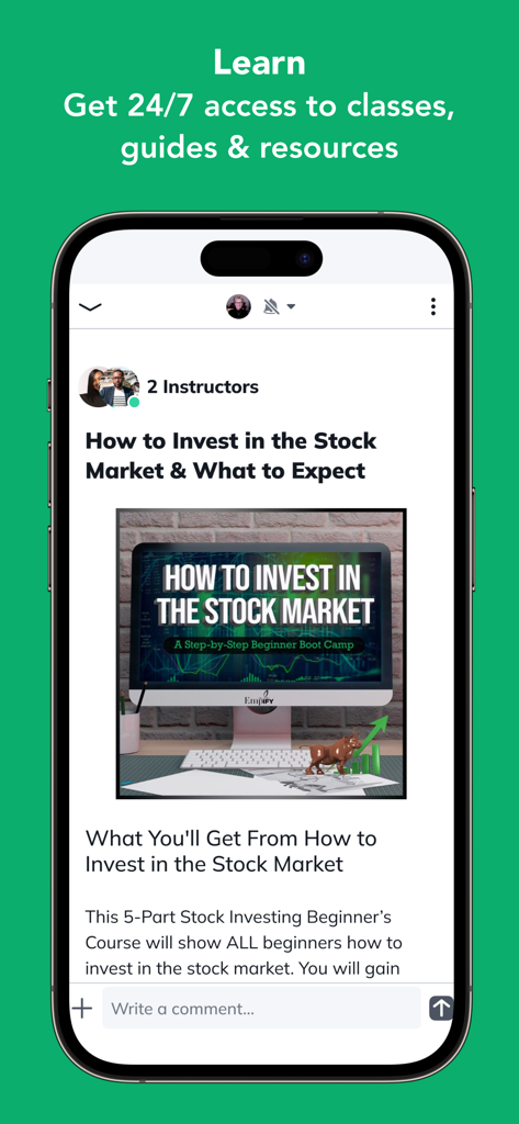 Pantalla de la aplicación Comunidad WealthBuilders que muestra un curso de inversión en el mercado de valores para principiantes