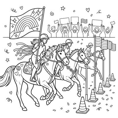 Experience the thrill of mounted games combined with the vibrant spirit of Pride Month in this dynamic coloring page. Riders and horses adorned with symbols of love and diversity offer an exciting and meaningful coloring adventure.