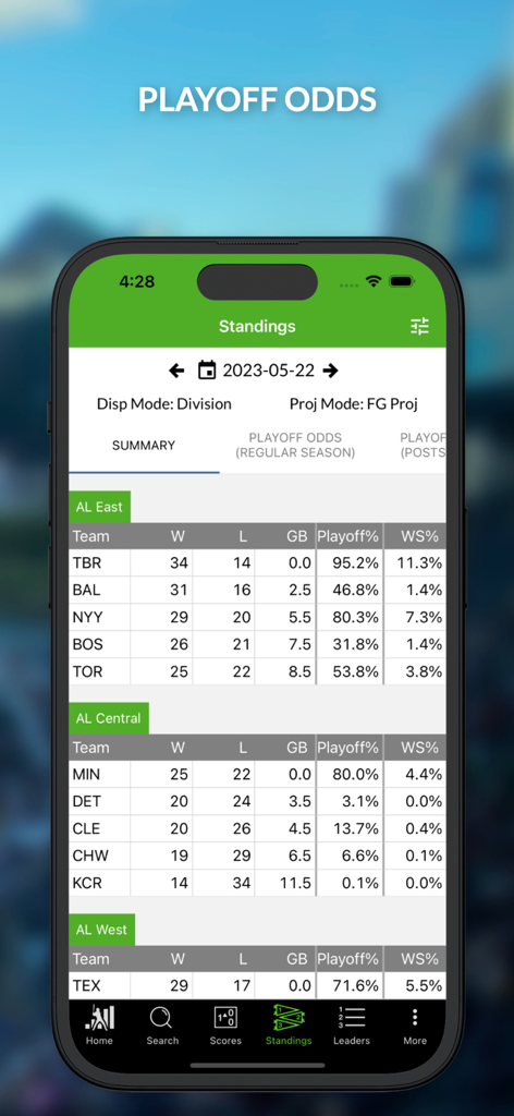 FanGraphs app screen displaying MLB team standings and playoff probability statistics