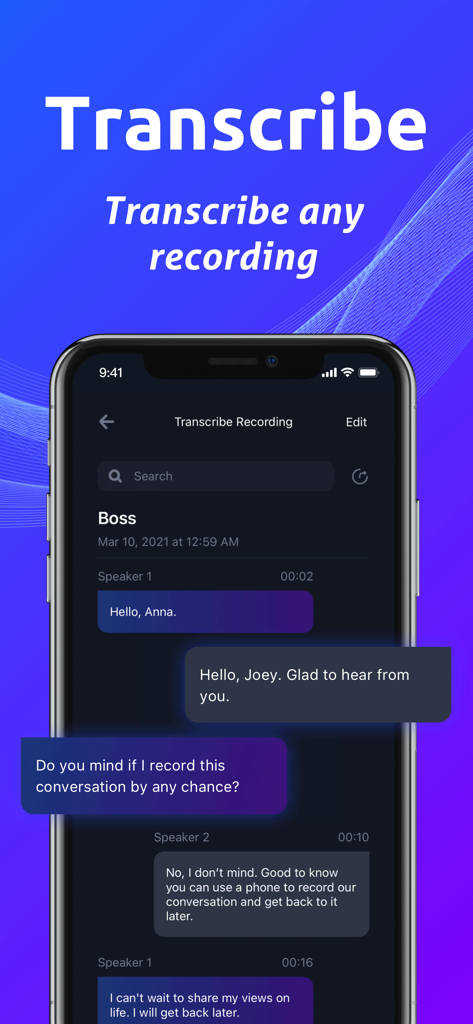 Easy Call Recorder:Phone Rev - Interface of the Easy Call Recorder app showing a phone conversation converted into text through automated transcription.