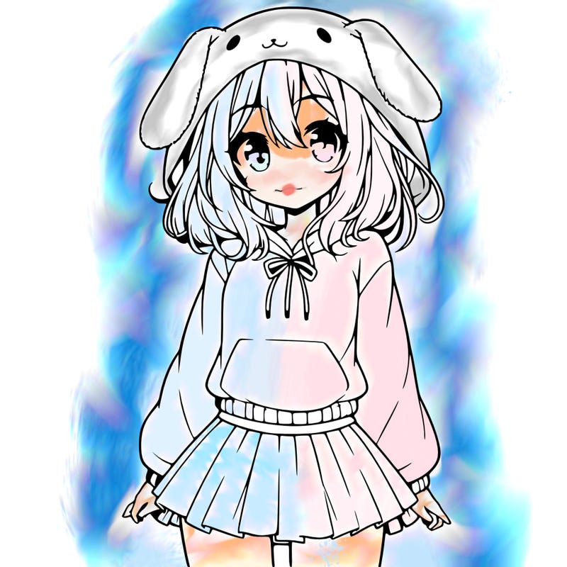 pretty anime girl wearing a fluffy hoodie with bunny ears on the hood and a skirt