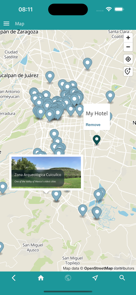 Mexico City’s Best: Trip Guide - An interactive map of Mexico City within the travel guide app featuring numerous points of interest and a custom hotel marker.