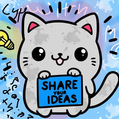 a cute cat saying share your ideas