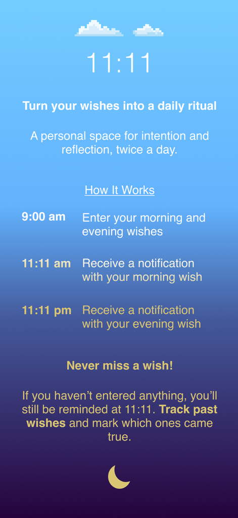 11:11: Make a Wish - Infographic screen of the 11:11 app explaining the daily wish ritual and manifestation notification schedule.