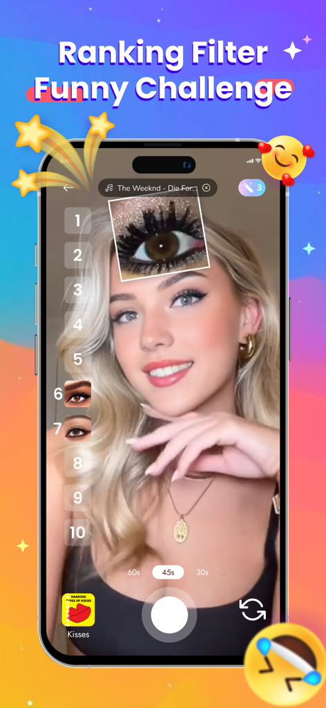 Ranking Filter Funny Challenge - A young woman using the Ranking Filter Funny Challenge app to rank different eye makeup styles from one to ten