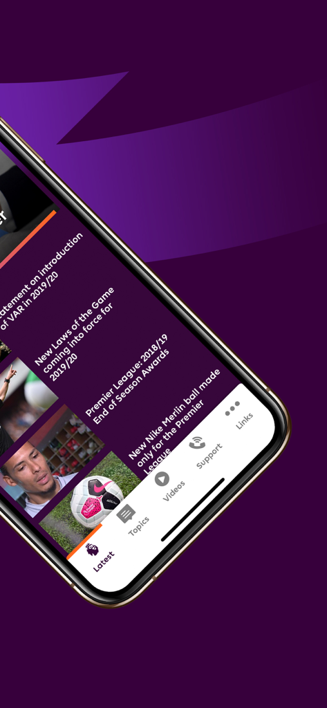 Interface of the Premier League Player App showing news and videos for professional players