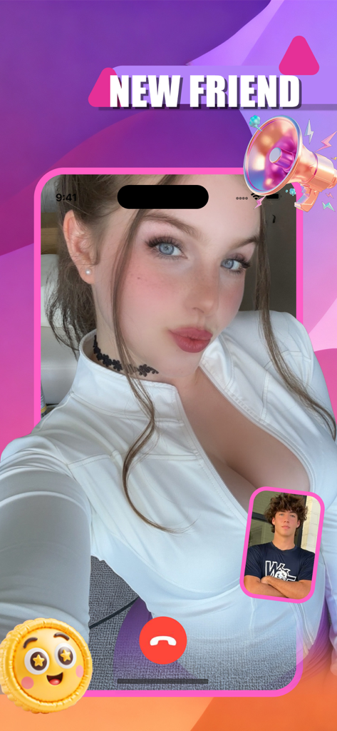 A screenshot of the Miniy app showing a video call interface between two people with the text New Friend at the top.