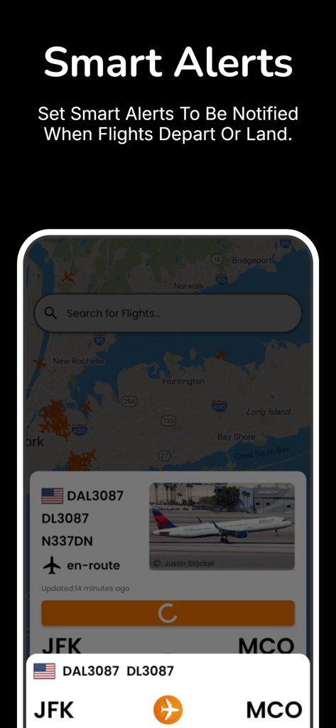 Flight Radar Tracker - Flight Radar Tracker app interface showing smart alerts for flight departures and landings