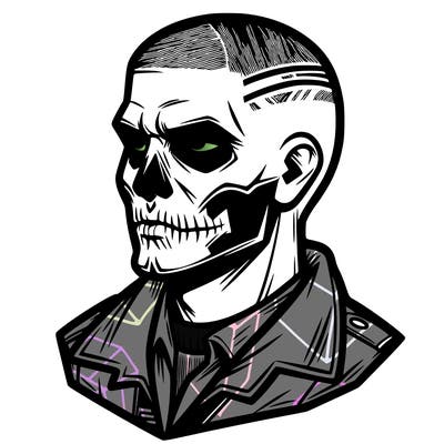 man with skull face and buzz cut