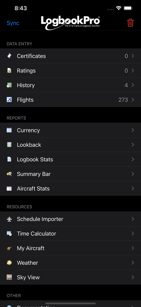 Main menu of the Logbook Pro flight logbook app interface showing data entry and reports.