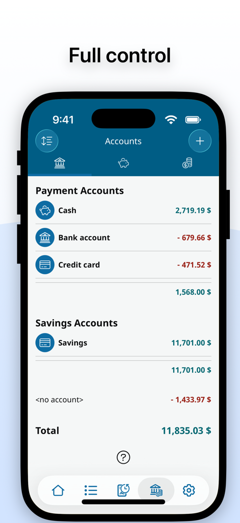 MoneyControl Spending Tracker - A smartphone screen displaying the accounts overview in the MoneyControl app showing balances for cash bank and savings.