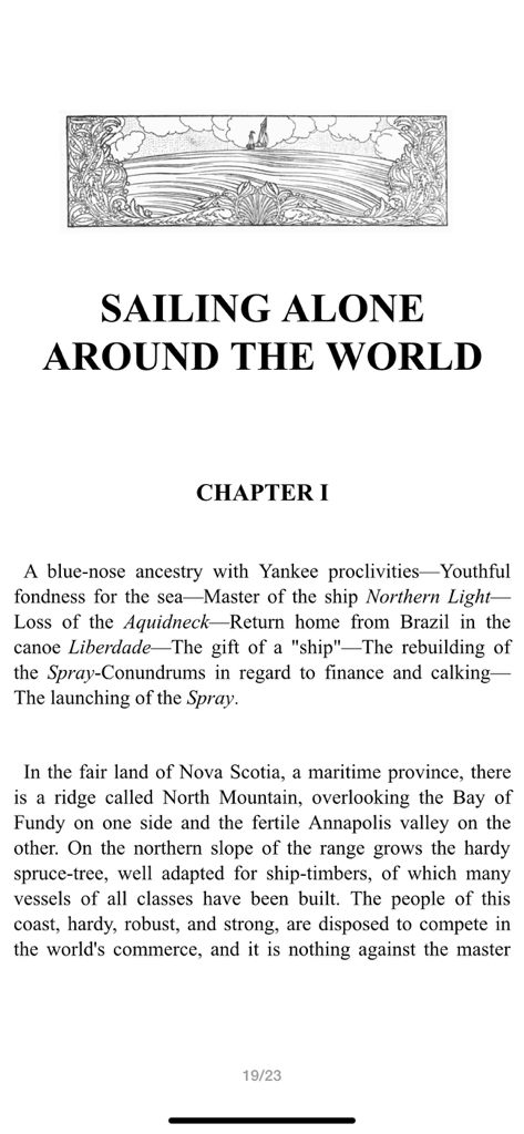 Loyal Books - Loyal Books app eBook reader showing the first chapter of Sailing Alone Around the World classic book