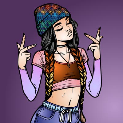 realistic teenage girl with braids and a beanie and crop top doing 🫶🏼