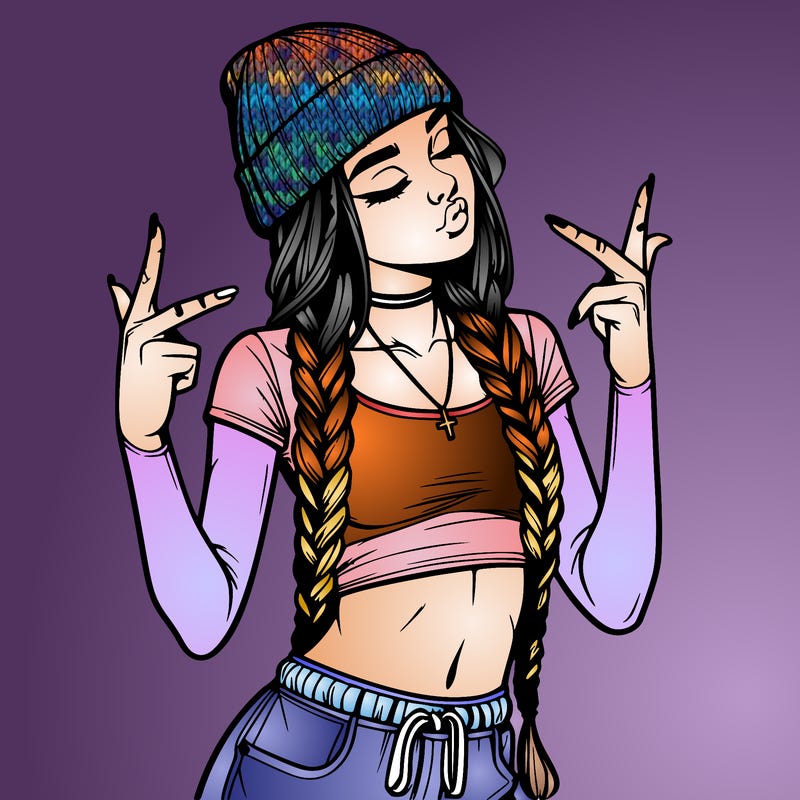 realistic teenage girl with braids and a beanie and crop top doing 🫶🏼