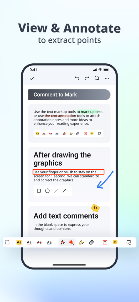 PDFelement mobile app screen demonstrating PDF annotation tools like highlighting and drawing shapes on an iPhone